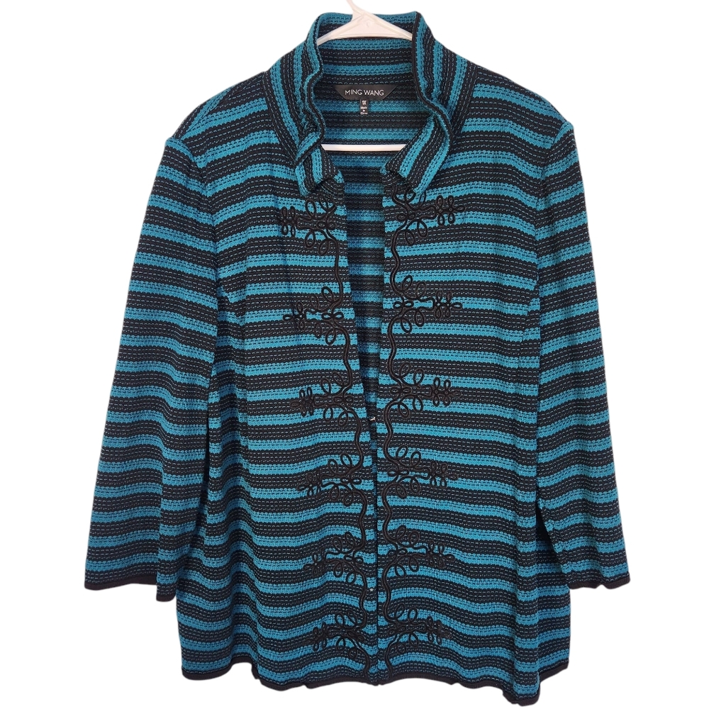 Ming Wang Teal and Black Striped Embellished Jacket